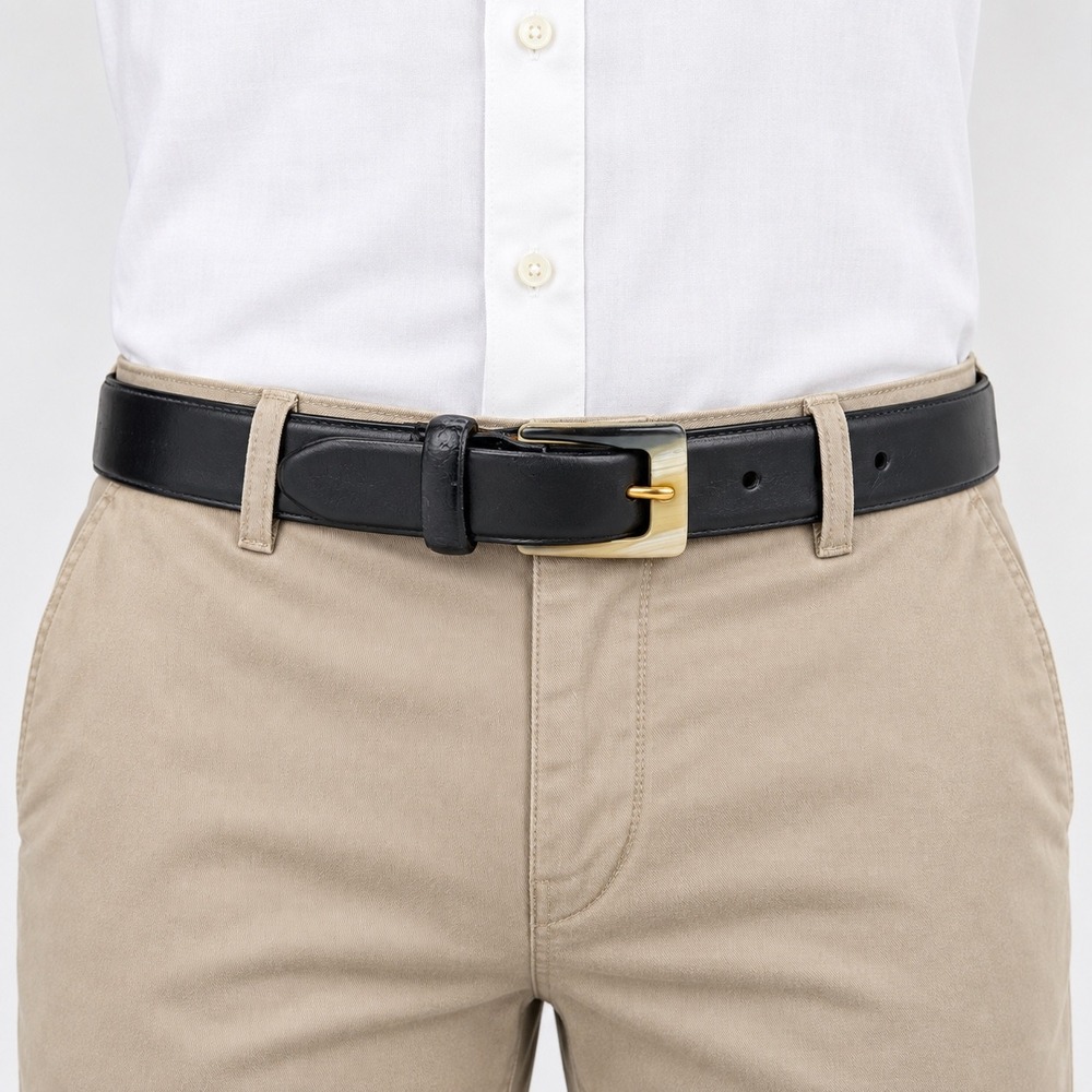 Genuine Leather Belt Size 30 Black Faux Horn Buckle Dark Academia Neutral Office